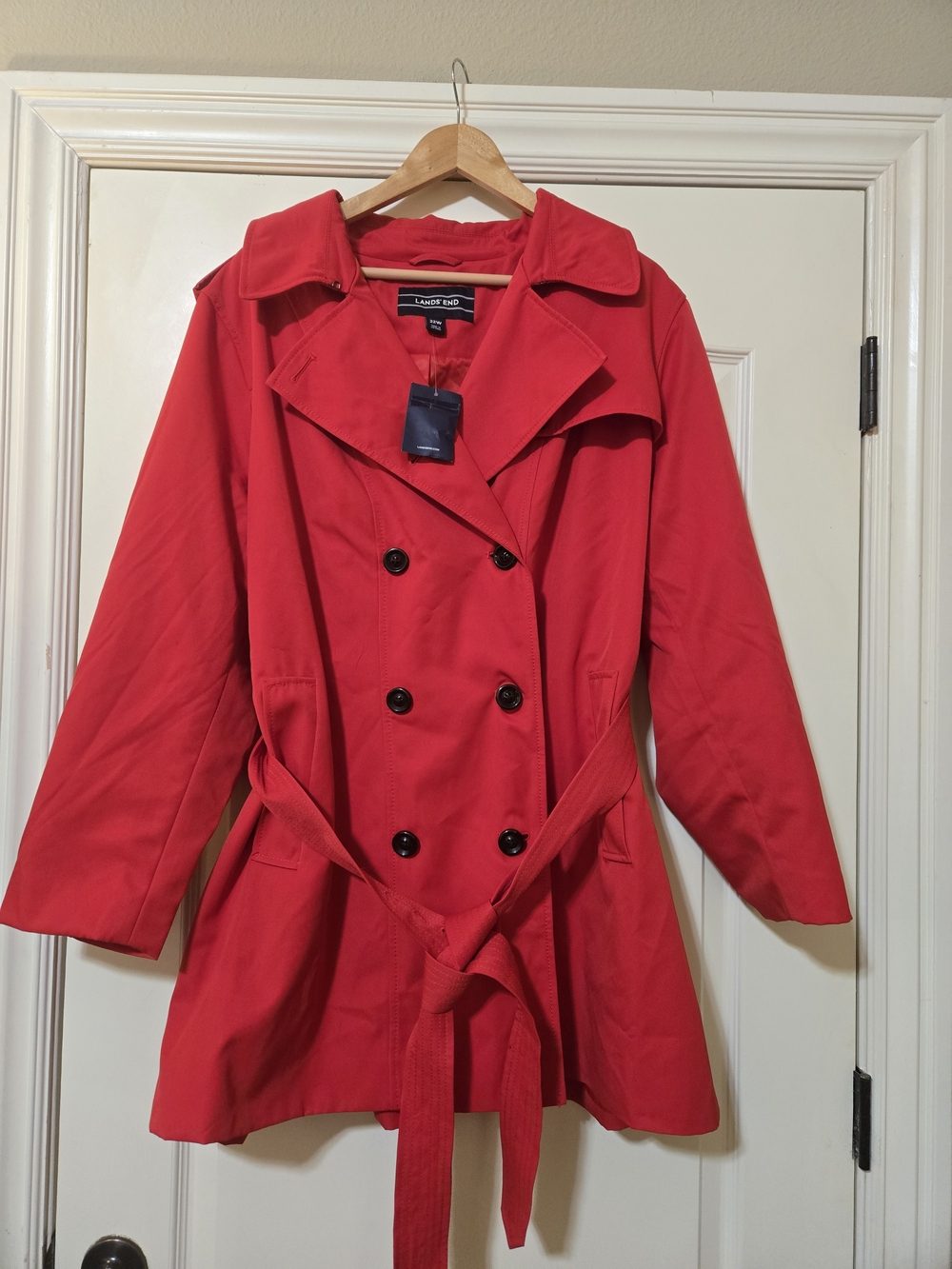 Lands' End Red Double-Breasted Pea Coat with Tie Belt Cozy Classy